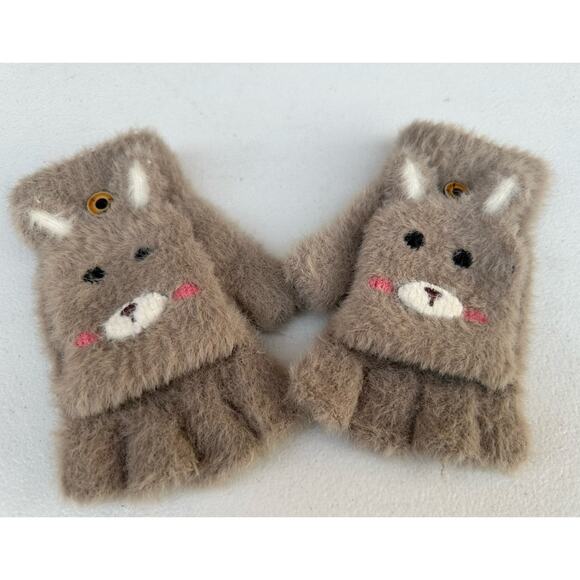 World Market Gray Bunny Fingerless Convertible Gloves Flip Mittens - Picture 1 of 6
